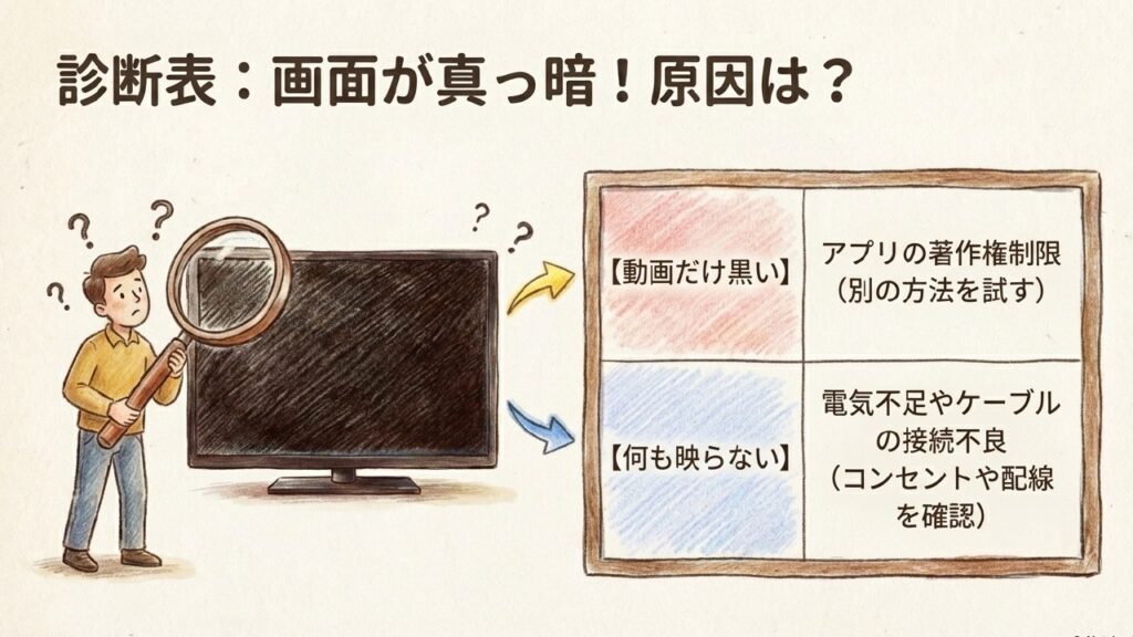 画面が真っ暗になる原因の診断表（動画だけ黒い場合と何も映らない場合）