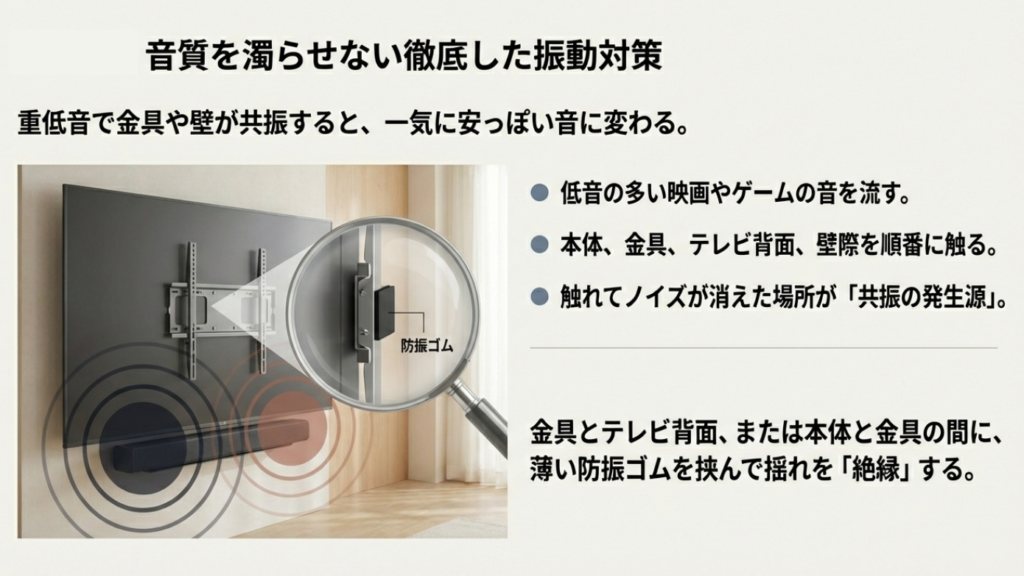 サウンドバーのVESA金具とテレビ背面の間に防振ゴムを挟んで振動対策をする図