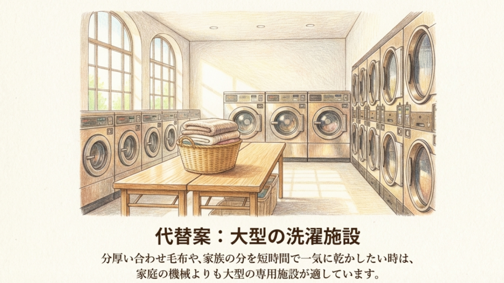 大型の洗濯機が並ぶコインランドリー