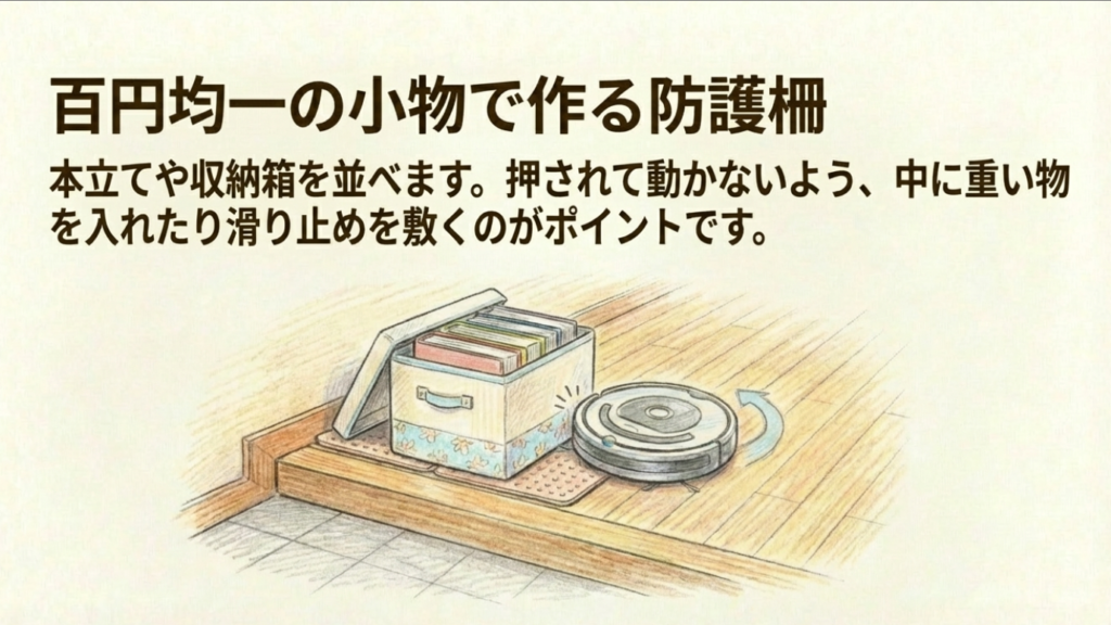 収納ボックスと滑り止めシートを組み合わせて作った、100均グッズの防護柵