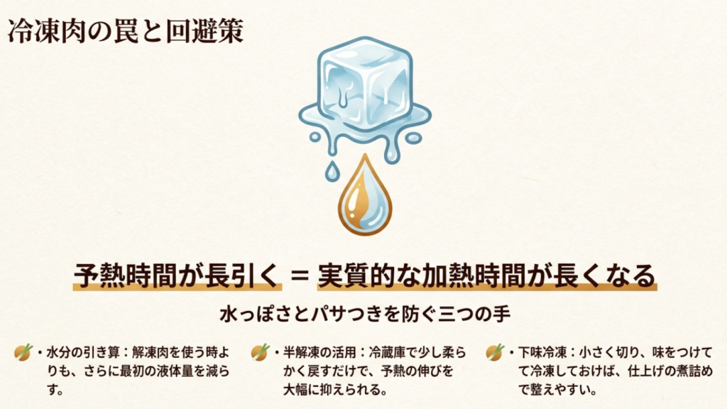 冷凍肉の罠と回避策 冷凍肉を使うと予熱時間が長引き水っぽくなる罠と回避策