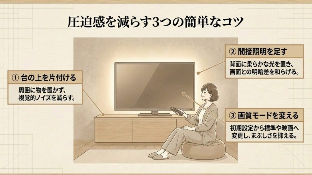 テレビの圧迫感を減らす3つの簡単なコツ（片付け、間接照明、画質モード）