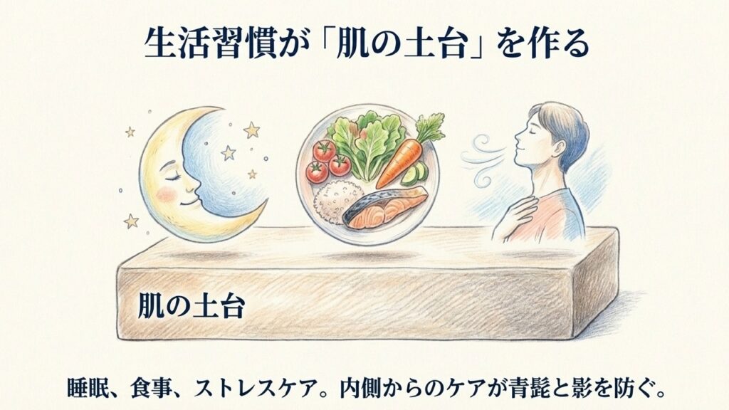 睡眠、食事、ストレスケアが肌の土台を作ることを示すイラスト