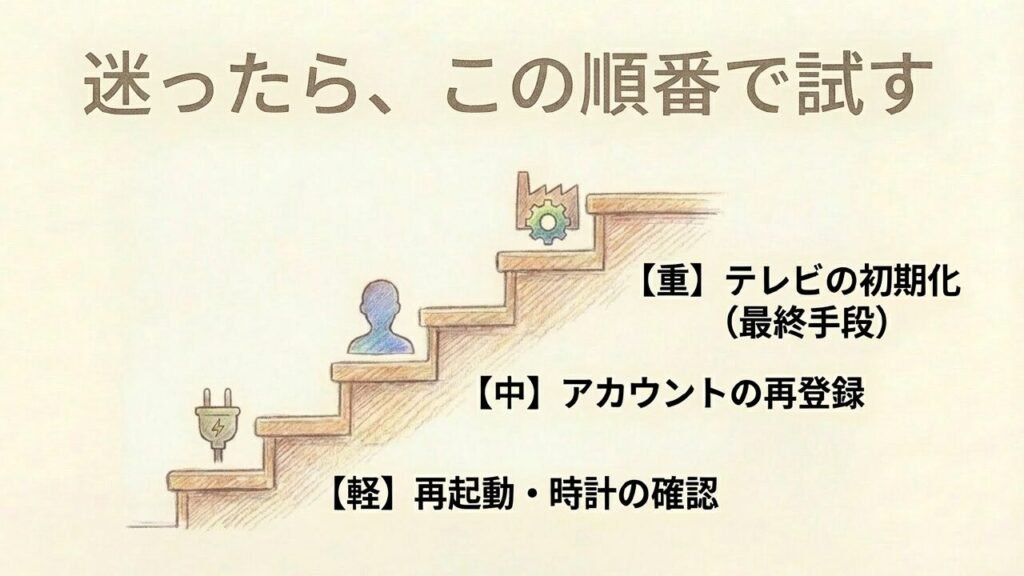 ログイン不具合の対処順序（再起動から初期化まで）