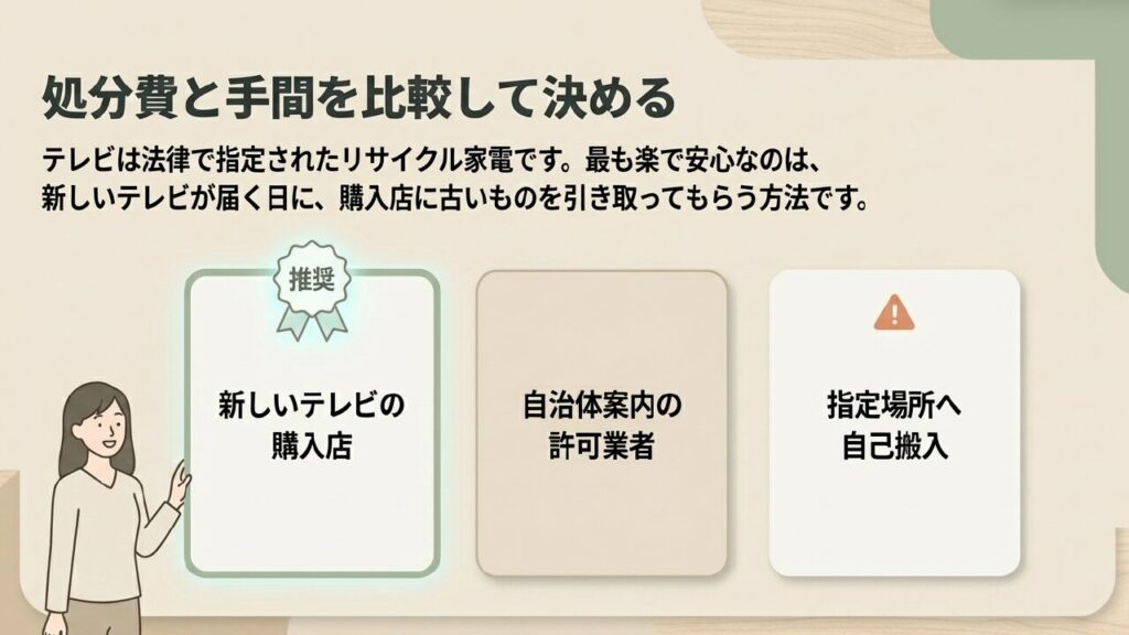 処分費と手間を比較して決める。新しいテレビの購入店への引き取り依頼が推奨。その他、自治体案内の業者や指定場所への自己搬入