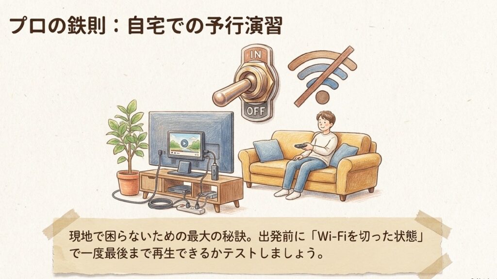 出発前に自宅でWi-Fiを切ってオフライン再生のテストをする様子