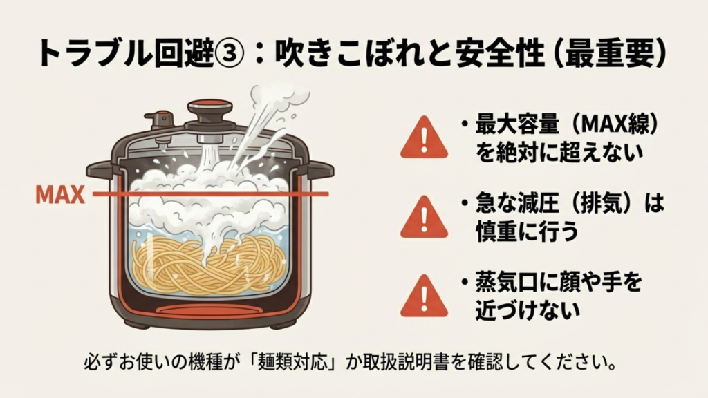 吹きこぼれ対策と安全性 最大容量MAX線を超えないなど吹きこぼれを防ぐための注意喚起