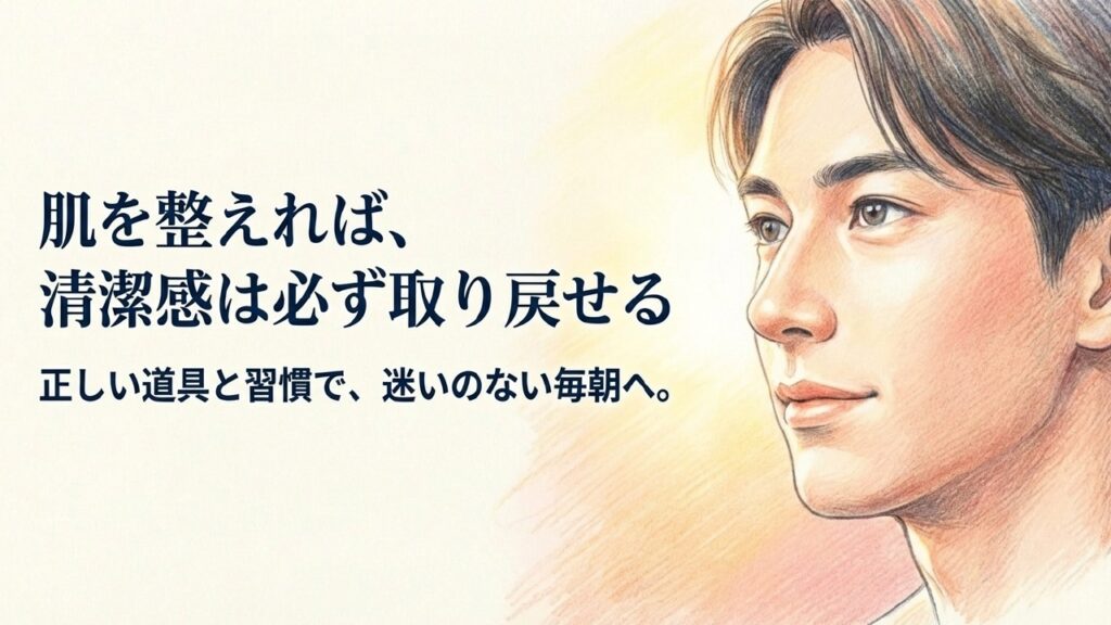 正しいシェービングとケアで清潔感を取り戻した男性のイラスト