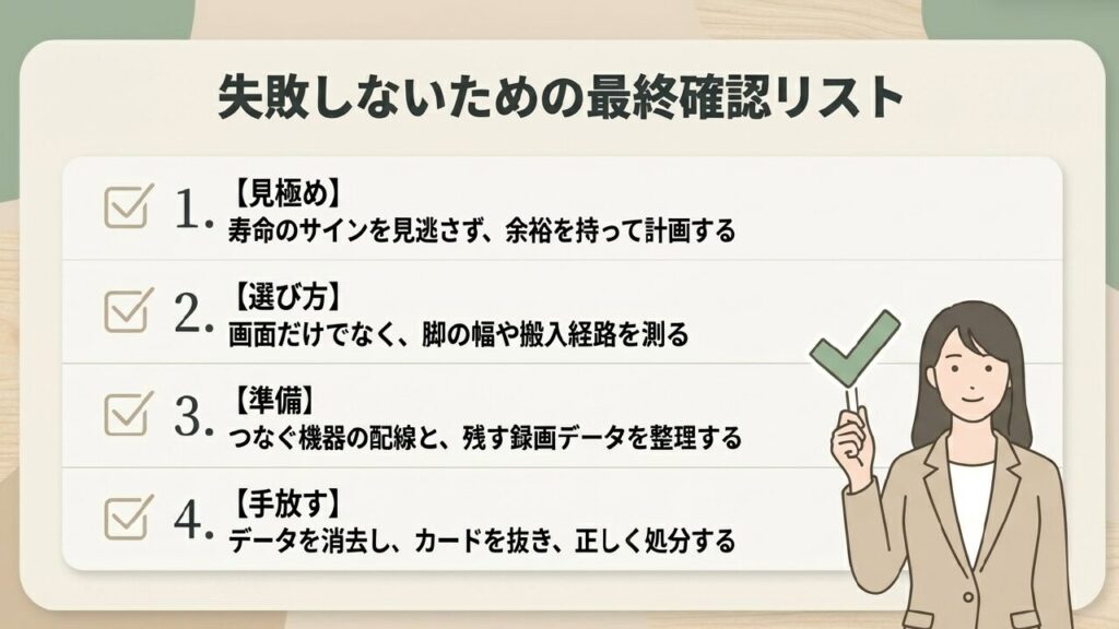 失敗しないための最終確認リスト。1.見極め、2.選び方、3.準備、4.手放す