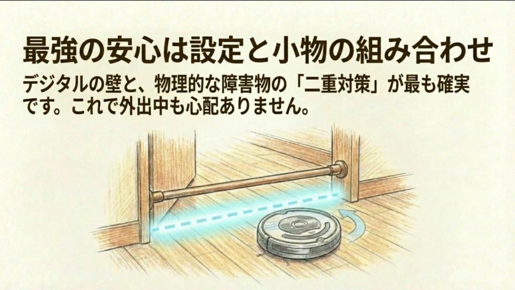 突っ張り棒とデジタルの壁を組み合わせた二重対策で向きを変えるロボット掃除機
