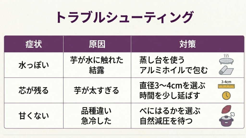 水っぽい・芯が残る・甘くない時の対策表 焼き芋作りのトラブルシューティング表