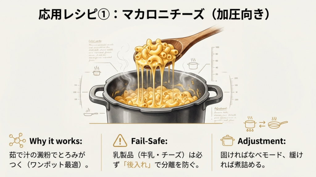 マカロニチーズの作り方のコツ 乳製品を後入れして分離を防ぐマカロニチーズの調理イラスト