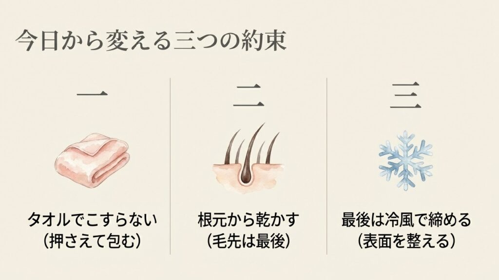 タオルでこすらない・根元から乾かす・最後は冷風の3つの約束