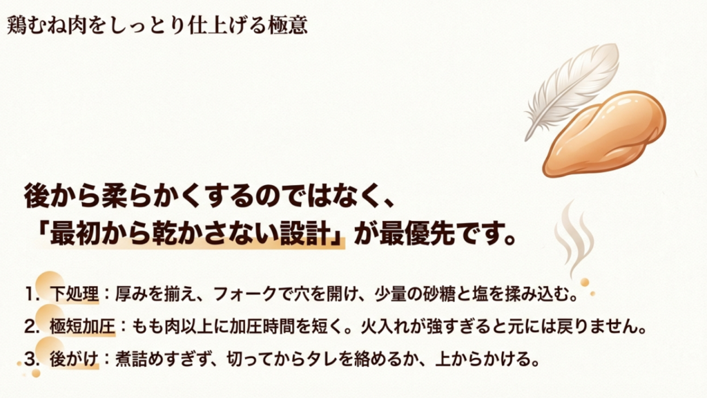 鶏むね肉をしっとり仕上げる極意 鶏むね肉をしっとり仕上げるための下処理と極短加圧の極意