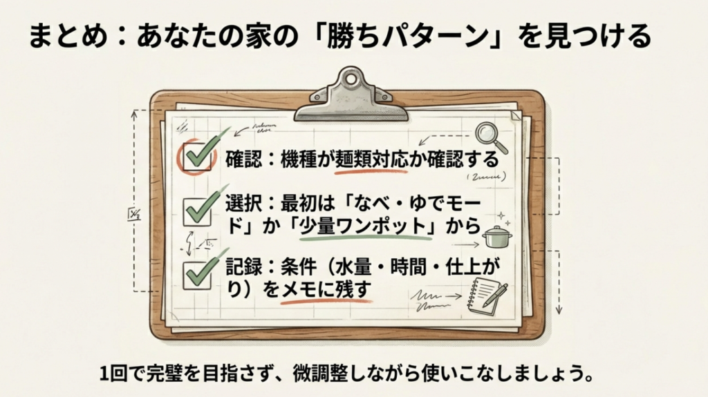 電気圧力鍋パスタ成功のチェックリスト 機種確認、モード選択、記録の3ステップをまとめたチェックリスト