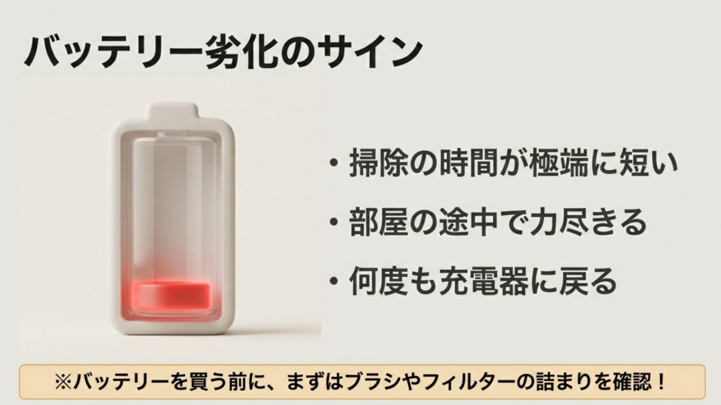 バッテリー劣化のサイン（掃除時間が短い、途中で力尽きるなど）