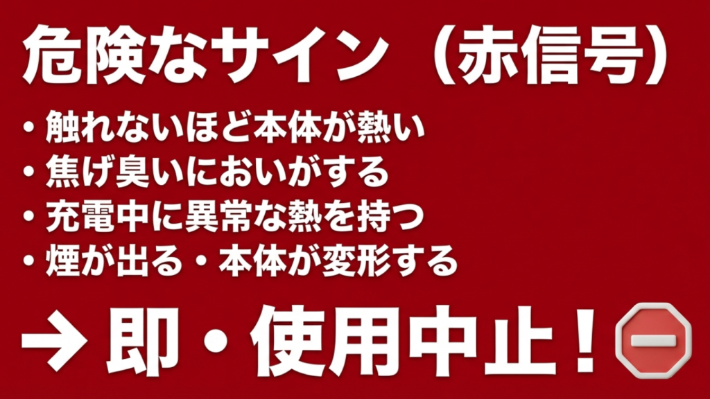危険な赤信号サイン（異常な発熱、焦げ臭いにおいなど即使用中止の目安）