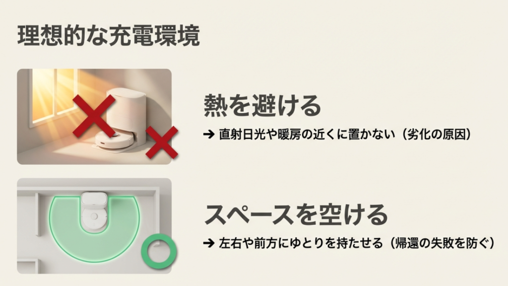 理想的な充電環境（熱を避ける、周囲のスペースを空ける）