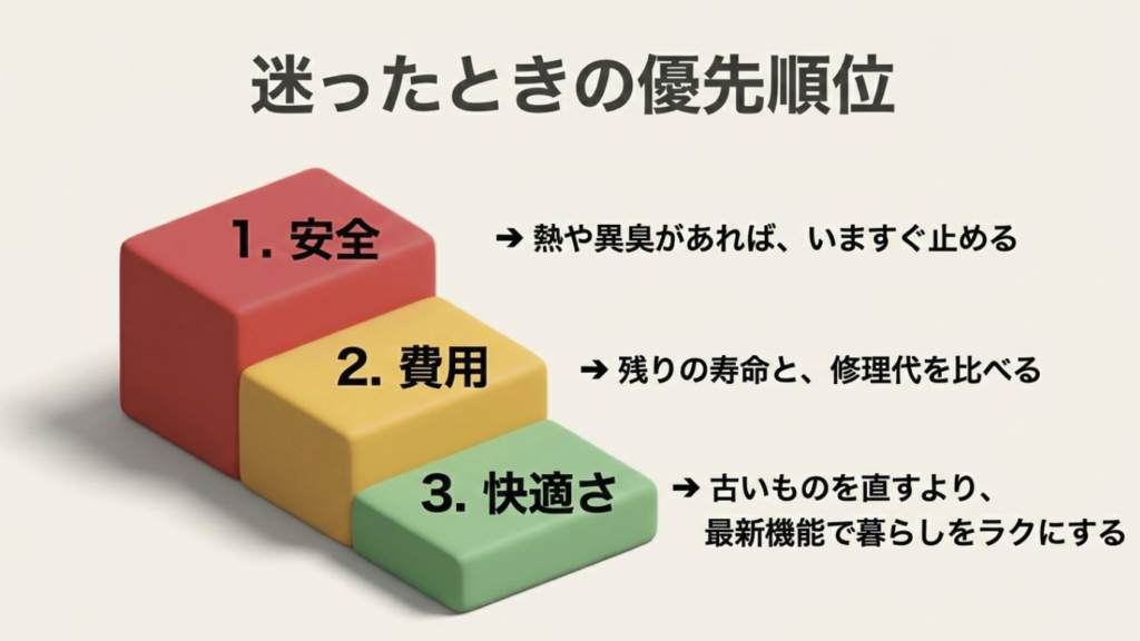 迷ったときの優先順位（安全、費用、快適さの順に判断する）