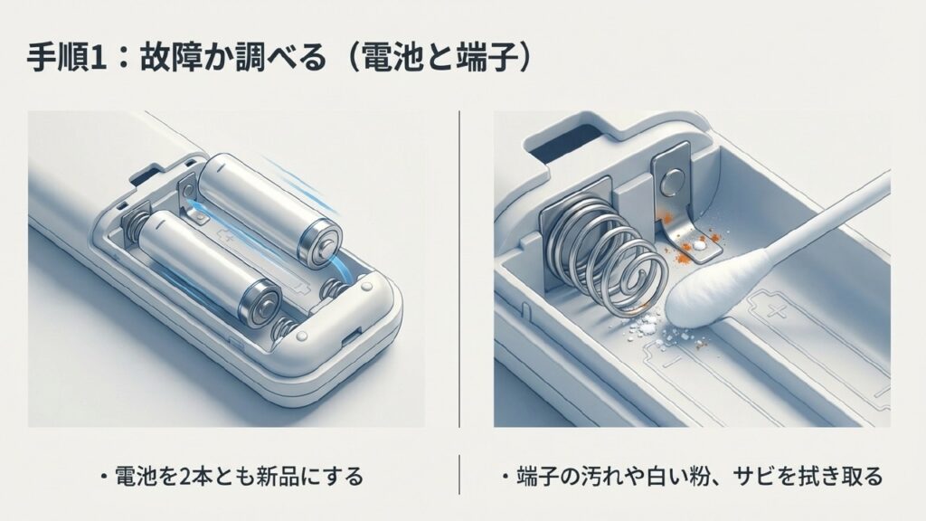 リモコンの電池交換と端子の掃除方法