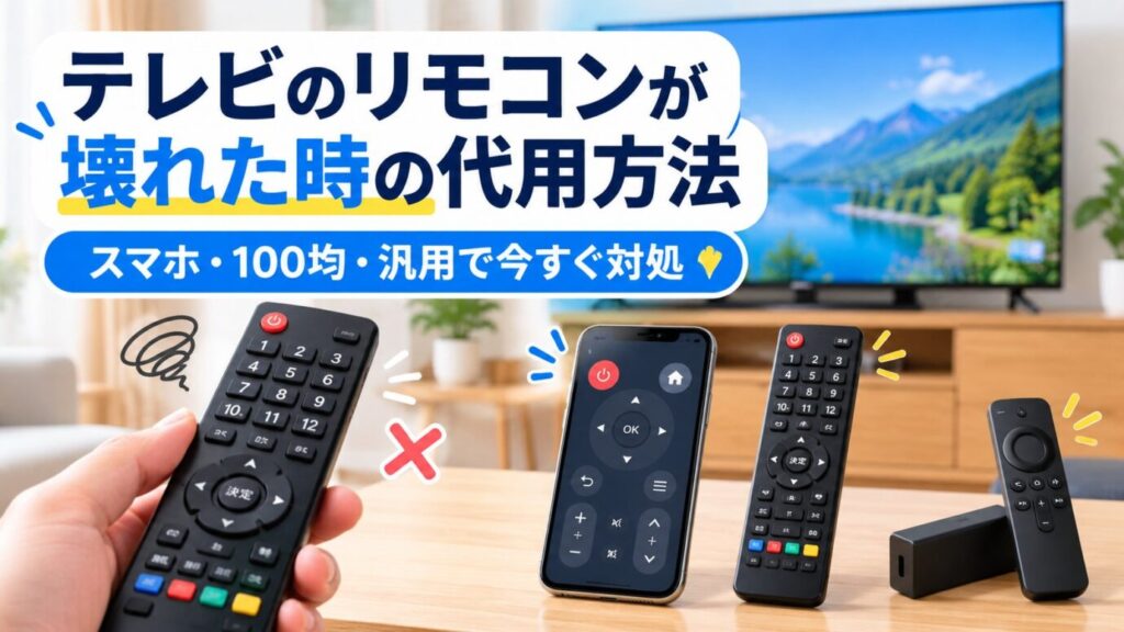 テレビのリモコンが壊れた時に、スマホ・100均・汎用リモコンなどで代用する方法を解説する記事のアイキャッチ画像