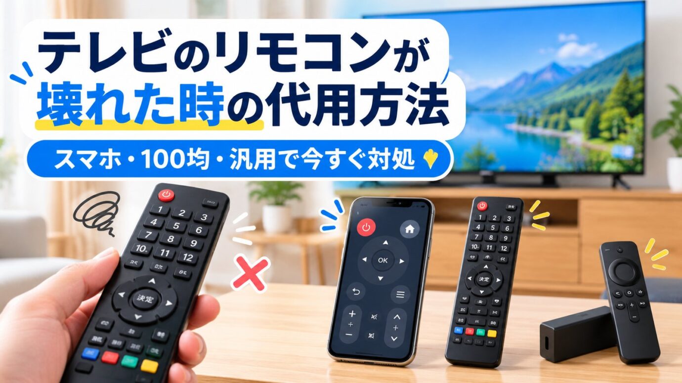 テレビのリモコンが壊れた時に、スマホ・100均・汎用リモコンなどで代用する方法を解説する記事のアイキャッチ画像