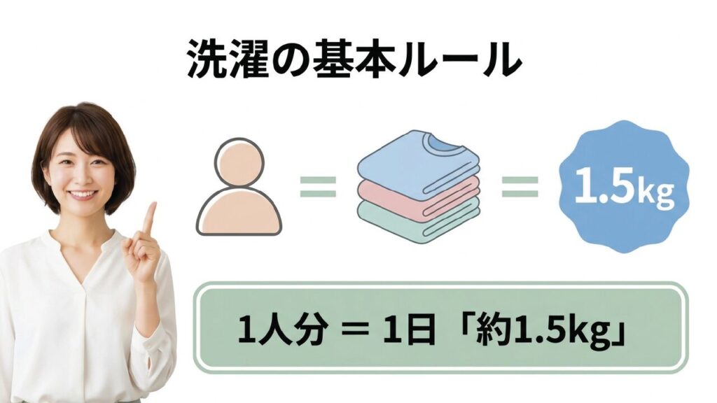 1人1日あたりの洗濯物量の目安は約1.5kg
