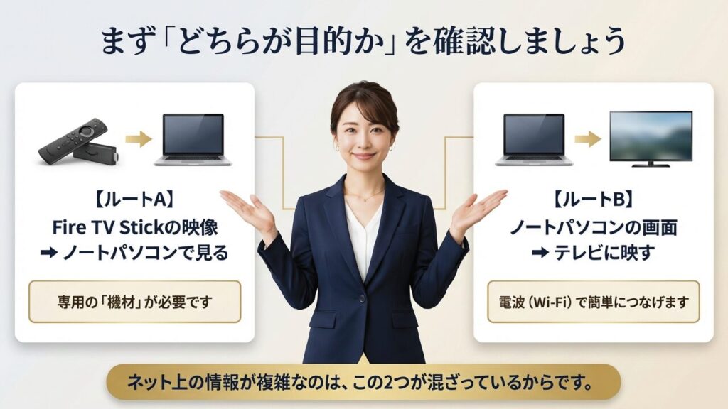 Fire TV Stickとパソコンの接続目的を2つのルート（A:PCで見る、B:テレビに映す）に分けた図解