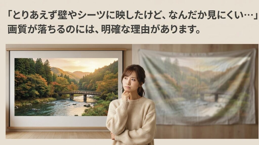 プロジェクターを壁やシーツに映して見にくいと悩む女性