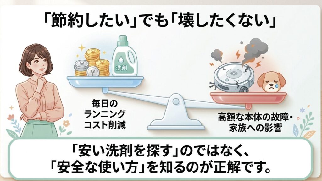 ロボット掃除機の洗剤代用における節約と故障リスクの比較