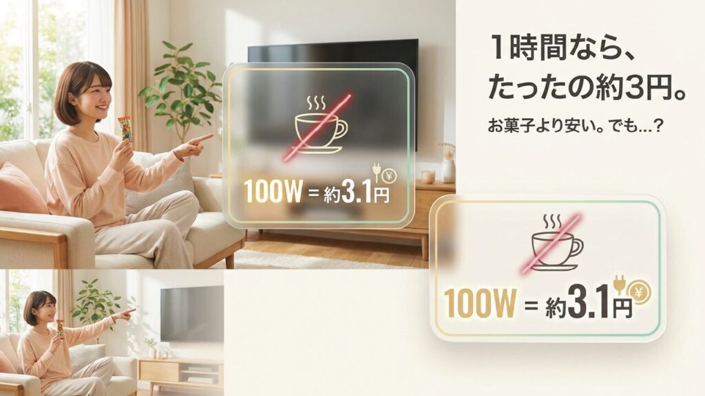 テレビの消費電力100Wを1時間つけた場合の電気代は約3.1円