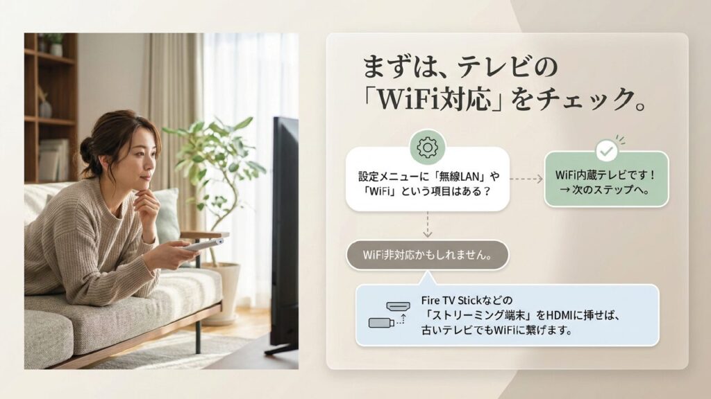 テレビがWiFi対応か、設定メニューの無線LAN項目で確認する方法
