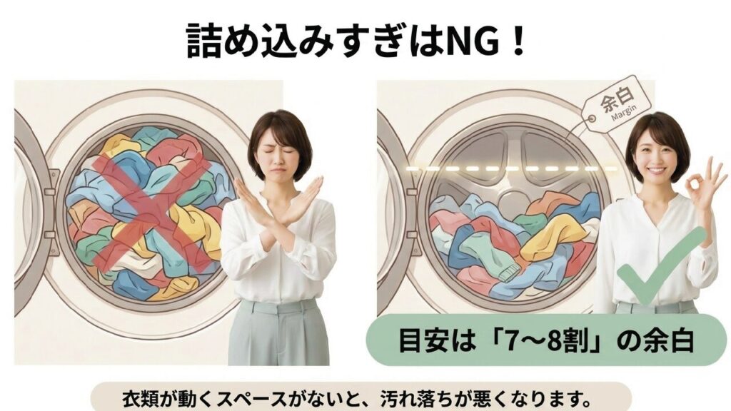 洗濯槽の詰め込みすぎはNG。目安は7〜8割の余白