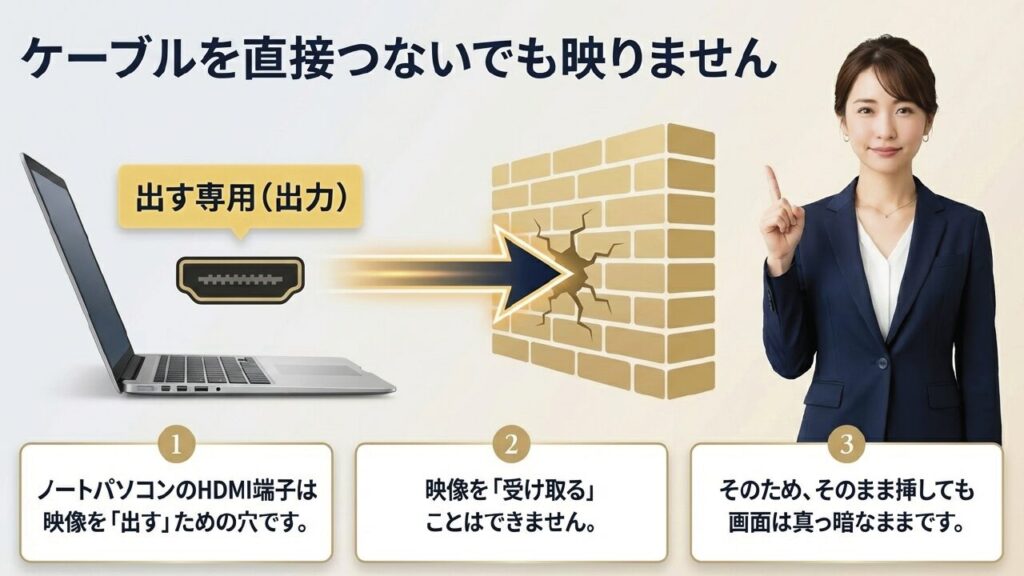 ノートパソコンのHDMI端子は出力専用であるためFire TV Stickを直挿ししても映らない理由