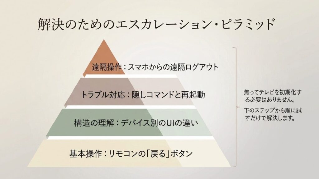 基本操作から遠隔操作まで段階的に試すログアウト解決ピラミッド