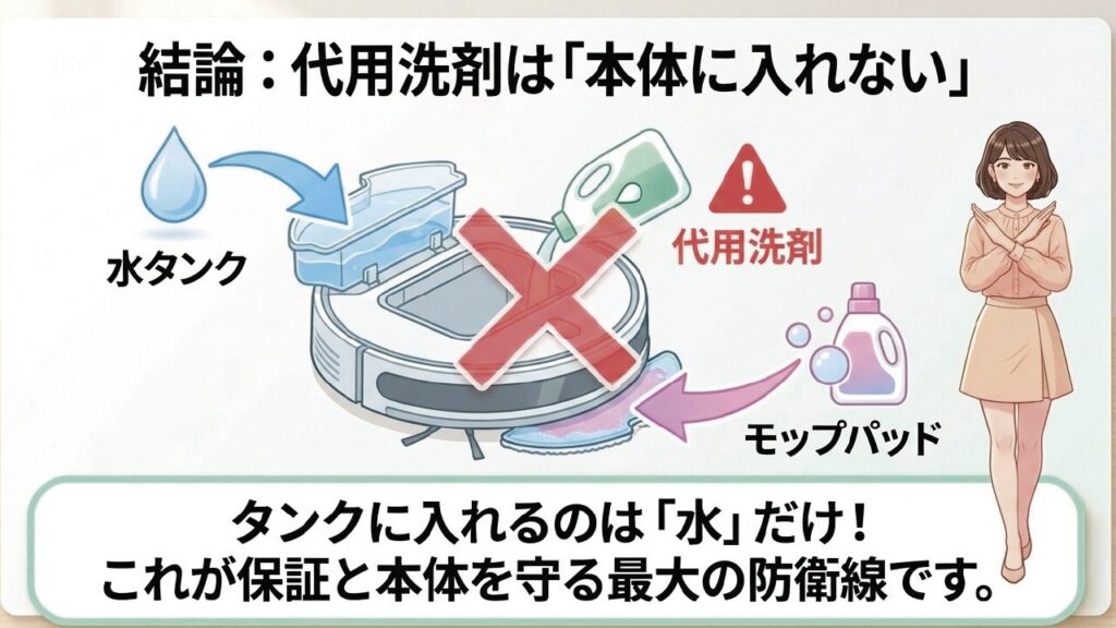 代用洗剤は本体水タンクに入れずモップパッドに使用する図解
