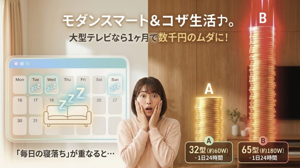 毎日の寝落ちが重なると大型テレビなら1ヶ月で数千円の電気代のムダに