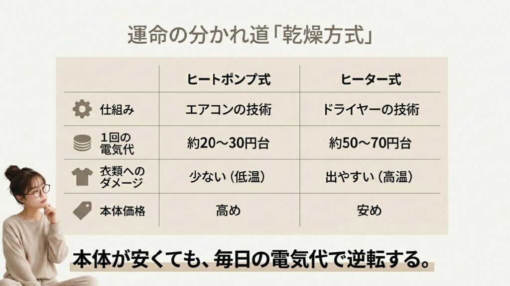 ヒートポンプ式とヒーター式の仕組みと電気代・衣類ダメージの比較
