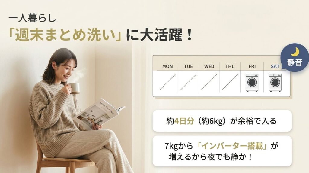 一人暮らしの7kg洗濯機は週末まとめ洗いに大活躍。約4日分が入る