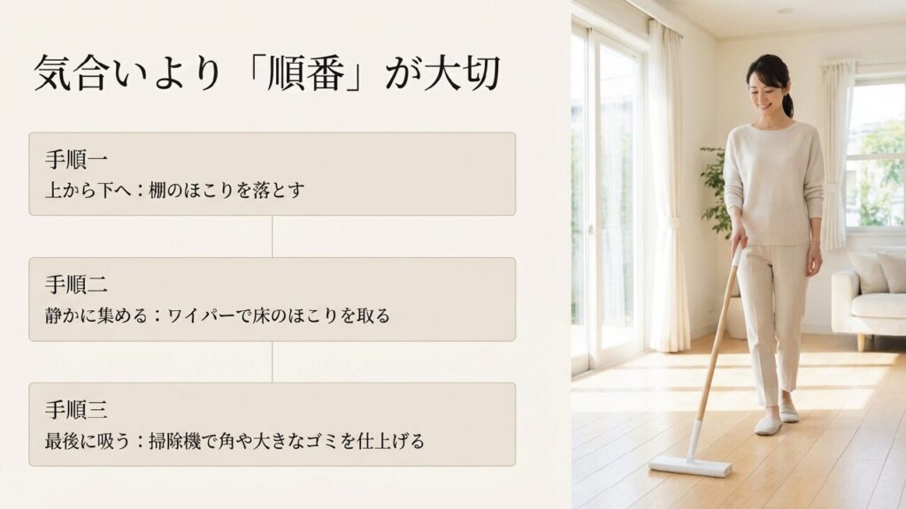 掃除は気合いより順番が大切（上から下へ、ワイパー、掃除機の順）