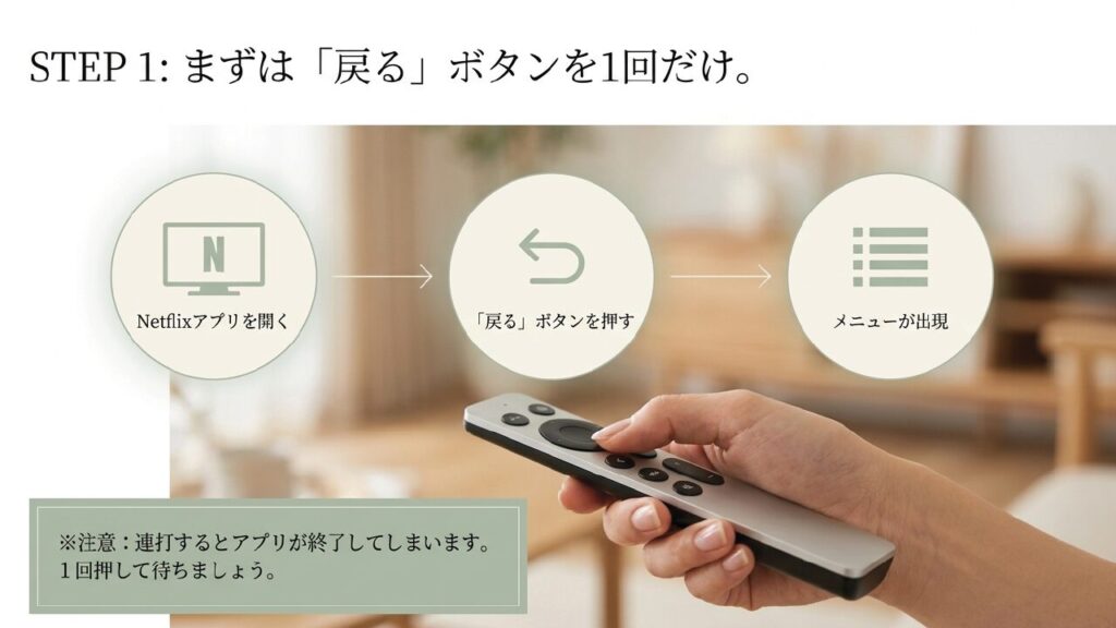 Netflixアプリを開きリモコンの戻るボタンを1回押してメニューを出す手順