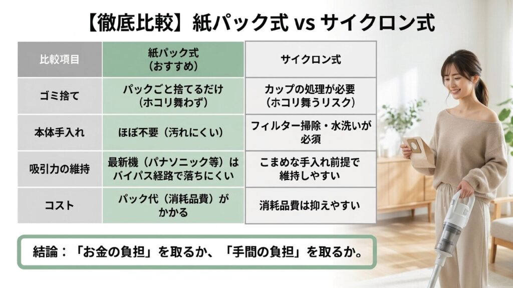 紙パック式とサイクロン式の徹底比較表