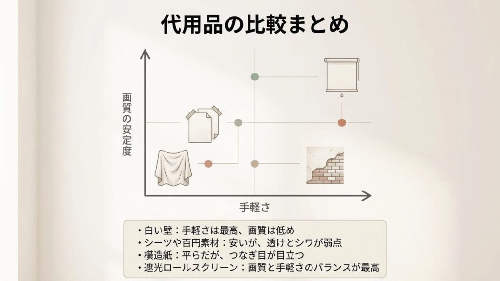 代用品の比較まとめ 壁、布、模造紙、ロールスクリーンの画質と手軽さの比較グラフ