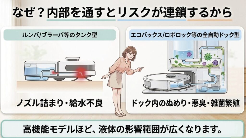 ロボット掃除機の全自動ドック内部における雑菌繁殖とノズル詰まりのリスク図解