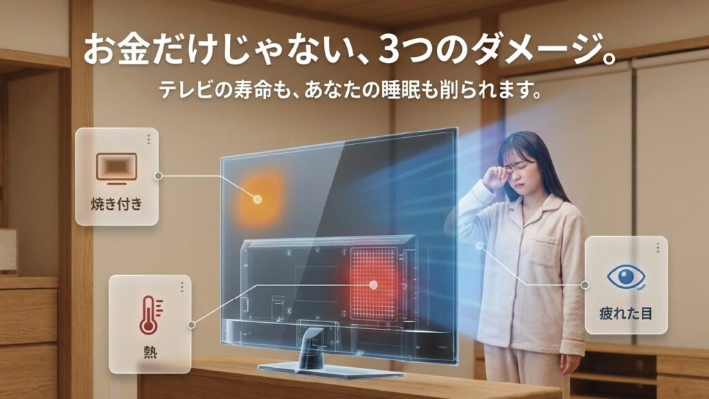 テレビつけっぱなしによる焼き付き、疲れた目、熱の3つのダメージ