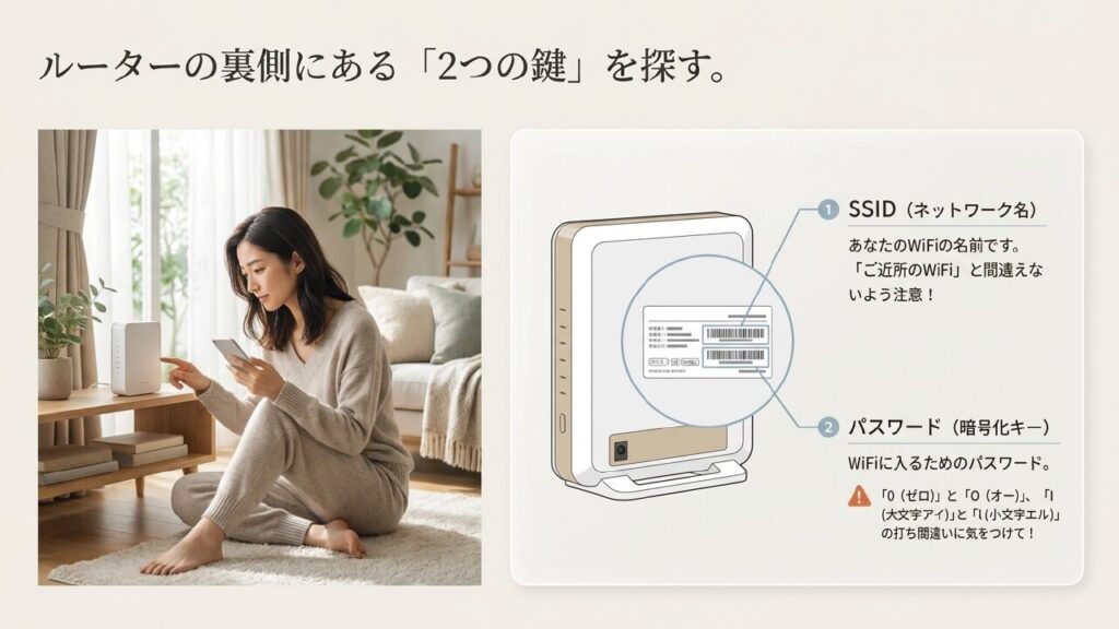 ルーターの裏側にあるSSIDとパスワード（暗号化キー）の確認箇所