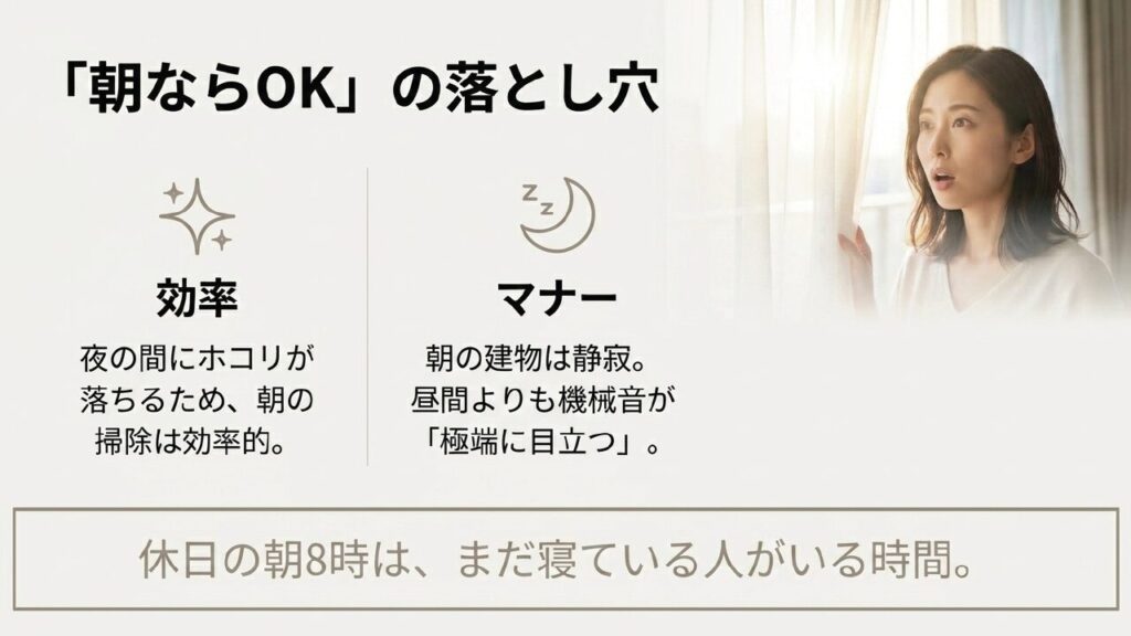 朝の掃除は効率的だが機械音が目立つという落とし穴