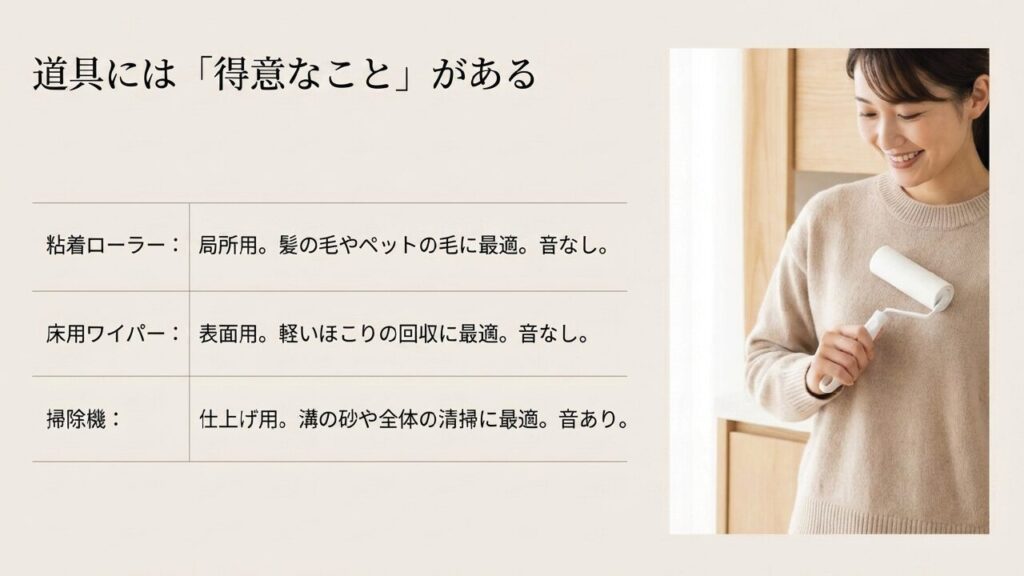 掃除道具（コロコロ、床用ワイパー、掃除機）の得意なことと使い分け