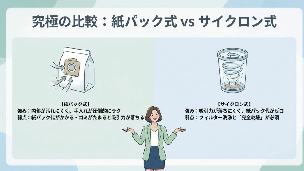 紙パック式とサイクロン式の耐久性と特徴の比較