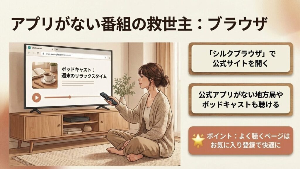 Silk Browserを使ってポッドキャストや地方局を聴く方法